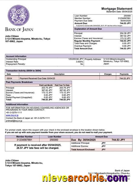 Japan Bank of Japan mortgage statement Word and PDF template